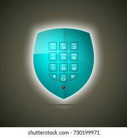 Shield & electronic combination lock. Defense sign & PIN code entry panel. Protection concept. Safety badge shield icon. Privacy protection banner. Security label icon. Presentation sticker shield tag