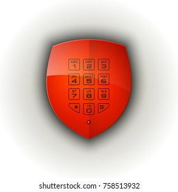 Shield & electronic combination lock. Defense sign & PIN code entry panel. Protection concept. Safety badge shield icon. Privacy protection banner. Security label icon. Presentation sticker shield tag