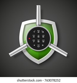 Shield & electronic combination lock. Defense sign & PIN code entry panel. Protection concept. Safety badge shield icon. Privacy protection banner. Security label icon. Presentation sticker shield tag