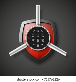 Shield & electronic combination lock. Defense sign & PIN code entry panel. Protection concept. Safety badge shield icon. Privacy protection banner. Security label icon. Presentation sticker shield tag
