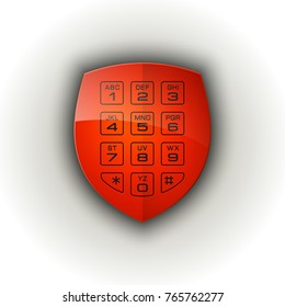 Shield & electronic combination lock. Defense sign & PIN code entry panel. Protection concept. Safety badge shield icon. Privacy protection banner. Security label icon. Presentation sticker shield tag