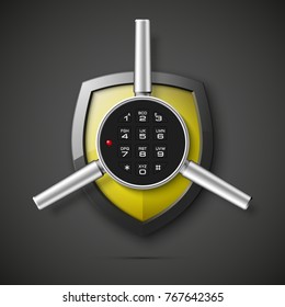 Shield & electronic combination lock. Defense sign & PIN code entry panel. Protection concept. Safety badge shield icon. Privacy protection banner. Security label icon. Presentation sticker shield tag