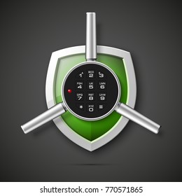 Shield & electronic combination lock. Defense sign & PIN code entry panel. Protection concept. Safety badge shield icon. Privacy protection banner. Security label icon. Presentation sticker shield tag
