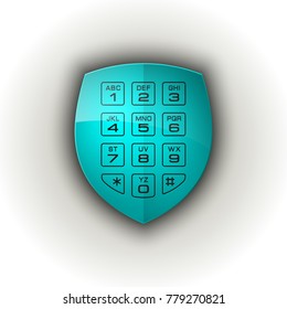Shield & electronic combination lock. Defense sign & PIN code entry panel. Protection concept. Safety badge shield icon. Privacy protection banner. Security label icon. Presentation sticker shield tag