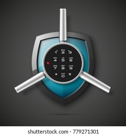 Shield & electronic combination lock. Defense sign & PIN code entry panel. Protection concept. Safety badge shield icon. Privacy protection banner. Security label icon. Presentation sticker shield tag