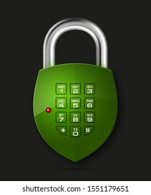 Shield with electronic Combination Lock isolated. Defense sign & PIN code entry panel. Protection concept. Safety badge icon. Privacy banner. Security label. Presentation sticker vector shape tag