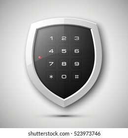 Shield with electronic Combination Lock isolated. Defense sign & PIN code entry panel. Protection concept. Safety badge icon. Privacy banner. Security label. Presentation sticker shape. Vector tag