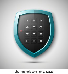 Shield with electronic Combination Lock isolated. Defense sign & PIN code entry panel. Protection concept. Safety badge icon. Privacy banner. Security label. Presentation sticker shape. Vector tag