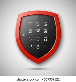 Shield with electronic Combination Lock isolated. Defense sign & PIN code entry panel. Protection concept. Safety badge icon. Privacy banner. Security label. Presentation sticker shape. Vector tag