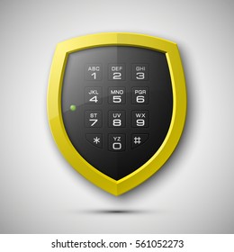 Shield with electronic Combination Lock isolated. Defense sign & PIN code entry panel. Protection concept. Safety badge icon. Privacy banner. Security label. Presentation sticker shape. Vector tag