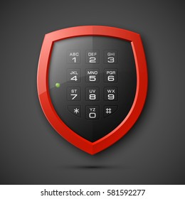 Shield with electronic Combination Lock isolated. Defense sign & PIN code entry panel. Protection concept. Safety badge icon. Privacy banner. Security label. Presentation sticker shape. Vector tag