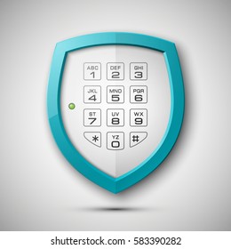 Shield with electronic Combination Lock isolated. Defense sign & PIN code entry panel. Protection concept. Safety badge icon. Privacy banner. Security label. Presentation sticker shape. Vector tag