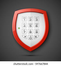 Shield with electronic Combination Lock isolated. Defense sign & PIN code entry panel. Protection concept. Safety badge icon. Privacy banner. Security label. Presentation sticker shape. Vector tag