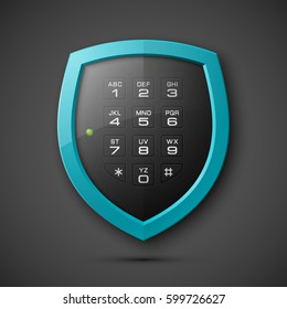 Shield with electronic Combination Lock isolated. Defense sign & PIN code entry panel. Protection concept. Safety badge icon. Privacy banner. Security label. Presentation sticker shape. Vector tag