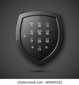 Shield with electronic Combination Lock isolated. Defense sign & PIN code entry panel. Protection concept. Safety badge icon. Privacy banner. Security label. Presentation sticker shape. Vector tag