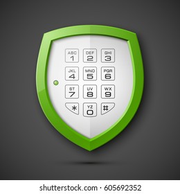 Shield with electronic Combination Lock isolated. Defense sign & PIN code entry panel. Protection concept. Safety badge icon. Privacy banner. Security label. Presentation sticker shape. Vector tag
