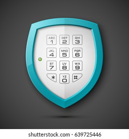 Shield with electronic Combination Lock isolated. Defense sign & PIN code entry panel. Protection concept. Safety badge icon. Privacy banner. Security label. Presentation sticker shape. Vector tag