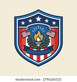 Shield emblem with American flags and flame