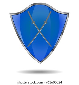 Shield emblem, blue shield icon,  sword icon, samurai weapons icon. Flat design, vector illustration, vector.