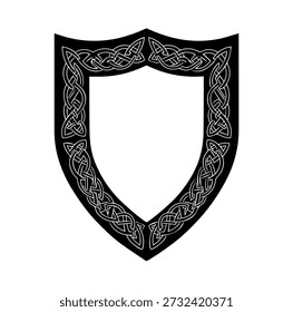 Emblema de escudo com borda de nó celta, design vetorial preto para heráldica, logotipos históricos e simbolismo protetor.