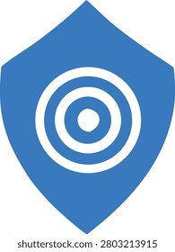 Shield emblem containing target icon with concentric circles representing focus accuracy security strategy protection concept simple blue white vector illustration graphic design.