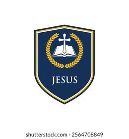 shield emblem with a cross and an open book surrounded by a laurel wreath, with the word "JESUS" written below, symbolizing faith and education.