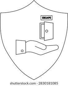 A shield emblem featuring a hand presenting an open door labeled ESCAPE, symbolizing freedom, opportunity, and the act of providing a way out or a new beginning.