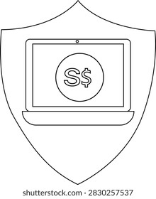 A shield emblem featuring a laptop displaying the Singapore Dollar S symbol, representing secure online financial transactions and digital currency protection.