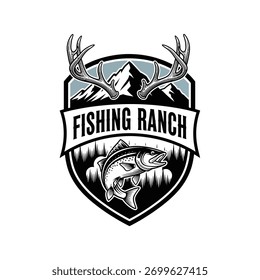 Um emblema de escudo com uma truta saltitante, galhadas de veado e uma paisagem de montanha, representando um rancho de pesca e caça.
