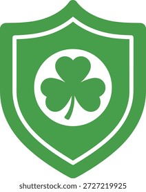 Schildemblem mit einem Schamfelsklebesymbol. Flache Vektorgrafik, die Schutz, Vertrauen und Designs mit irischem Thema darstellt, einzeln auf weißem Hintergrund.