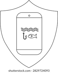 A shield emblem featuring a smartphone with a fishing hook and fish icon, symbolizing protection against phishing attacks and online scams on mobile devices.