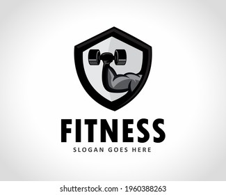 shield emblem hand fitting dumbbell fitness gym logo design illustration