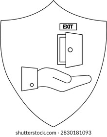 A shield emblem with a hand presenting an exit door, symbolizing assistance or guidance towards a solution.