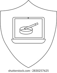 A shield emblem with a laptop displaying a petri dish and pipette, symbolizing science and technology integration.