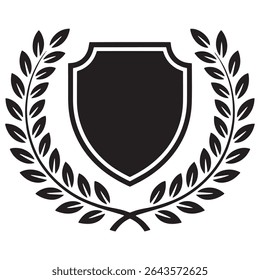 Shield Emblem with Laurel Wreath, Ribbon, and Stars – Black Award Badge Vector Design