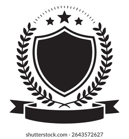 Shield Emblem with Laurel Wreath, Ribbon, and Stars – Black Award Badge Vector Design