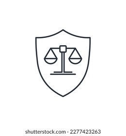 Shield with the emblem of laws. Judicial defense. Vector linear icon isolated on white background.