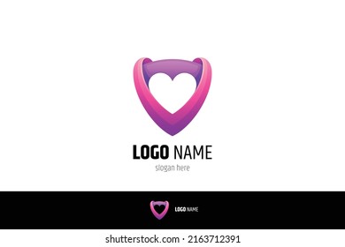 Shield emblem logo with a heart combination. 3d design style, modern, cheerful, feminine and young. Suitable for caring, anti-violence, data security, anti-virus, network security, data privacy.