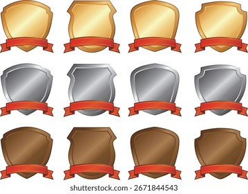 Shield Emblem Medals with Red Ribbon – Gold Silver Bronze Award Set