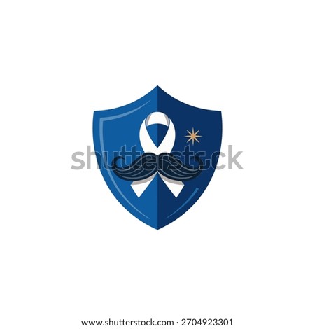 Shield emblem with moustache and tie, teal awareness ribbon, protector theme, mens health support, trustworthy badge, clean vector