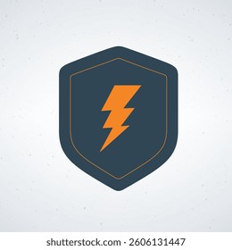 A shield emblem with an orange lightning bolt on a dark blue background.