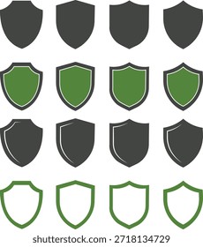 Escudo y emblema Forma Colecciones protección escudo icono verde 
Conjunto de varios iconos de escudo vintage. Escudos heráldicos negros. Símbolo de protección y seguridad, 