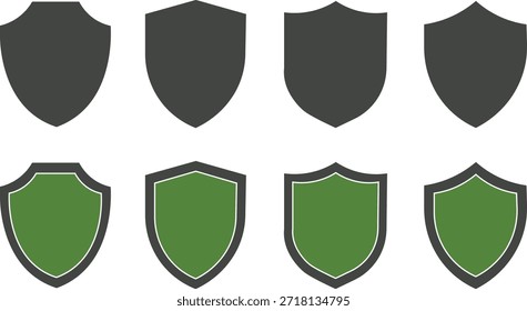 Escudo y emblema Forma Colecciones protección escudo icono verde 
Conjunto de varios iconos de escudo vintage. Escudos heráldicos negros. Símbolo de protección y seguridad, 