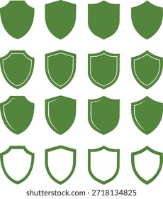 Escudo y emblema Forma Colecciones protección escudo icono verde 
Conjunto de varios iconos de escudo vintage. Escudos heráldicos negros. Símbolo de protección y seguridad,  