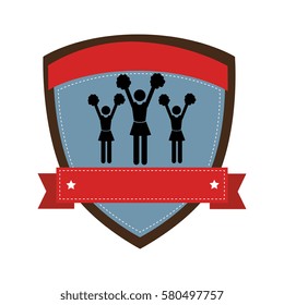 shield emblem with silhouette Cheerleaders and ribbon