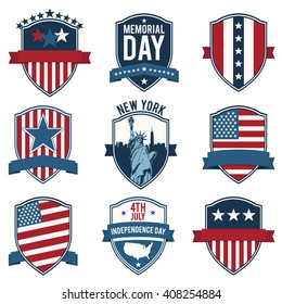 Shield. Emblem. US National symbols. Set of vector icons, stamps, seals, banners, labels, logos, badges. Vector illustration.