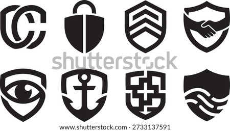Shield emblems illustrating security, trust, partnership, safety, protection, teamwork and cooperation. Set of icons in simple flat vector style useful for web or app design