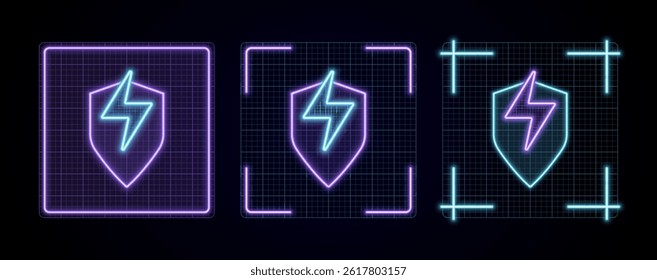Shield energy illustration, cyber neon visual, glowing border grid vector.