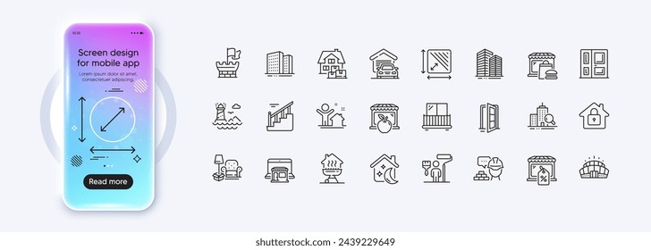 Shield, Entrance and Buildings line icons for web app. Phone mockup gradient screen. Pack of Open door, Painter, Circle area pictogram icons. Inspect, Lock, Market sale signs. Vector