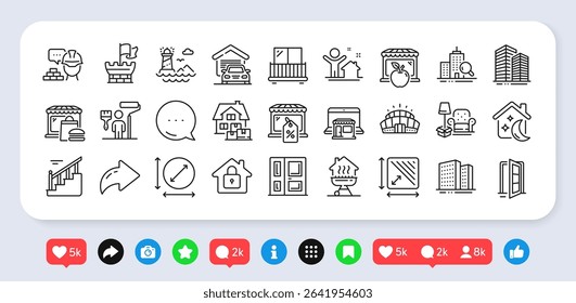 Shield, Entrance and Buildings line icons pack. Social media: share, comment, like icons. Open door, Painter, Circle area web icon. Inspect, Lock, Market sale pictogram. Vector